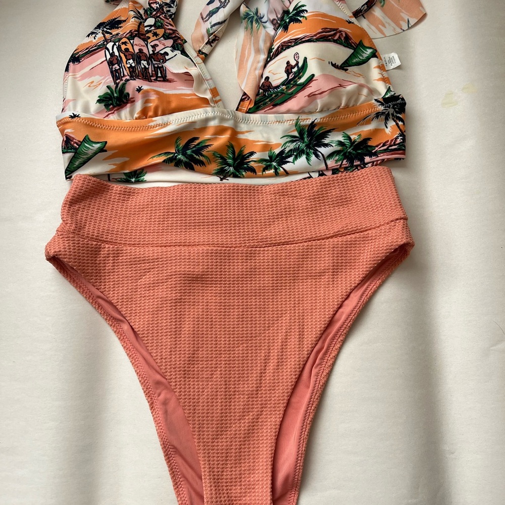 aerie Peach High-Waist One-Piece with Tropical Print Top
